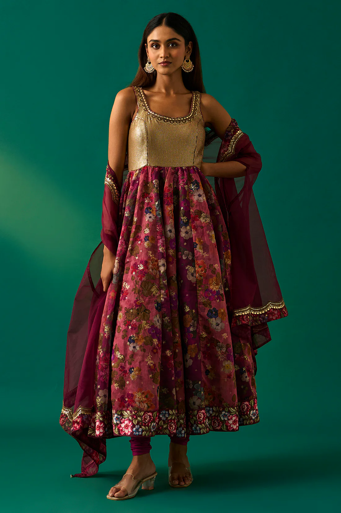 Maroon Floral Printed Embellished Anarkali Crepe Dress
